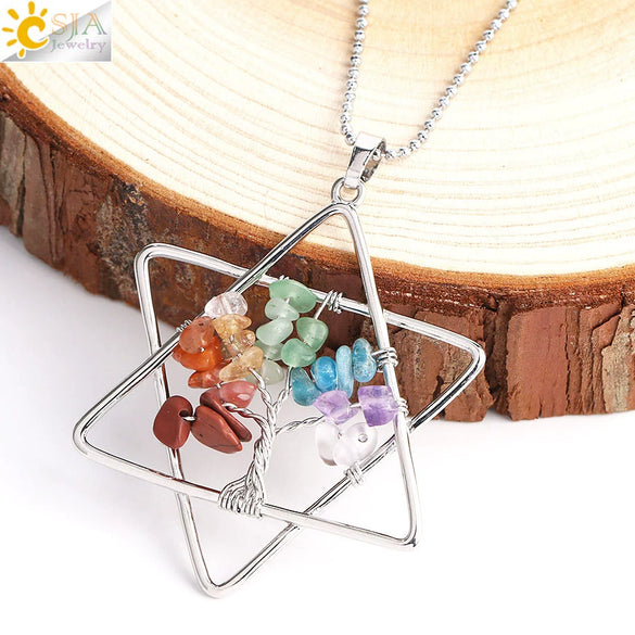 Stainless Steel Ball Chain Necklace With Crystal Merkaba Star And Wrapped Tree Of Life Pendant Personality Jewelry