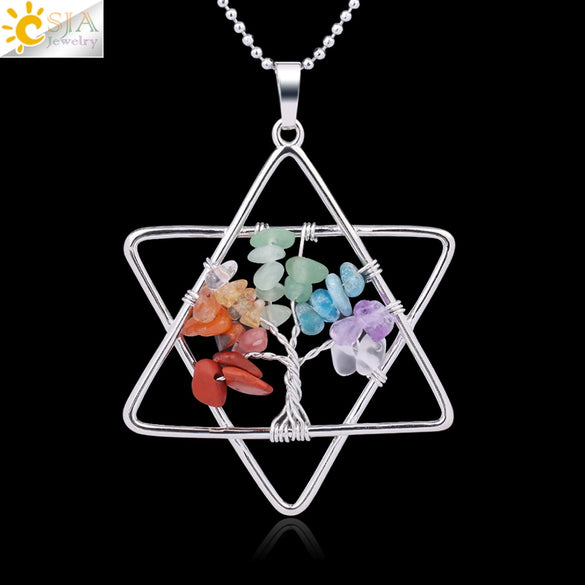Stainless Steel Ball Chain Necklace With Crystal Merkaba Star And Wrapped Tree Of Life Pendant Personality Jewelry