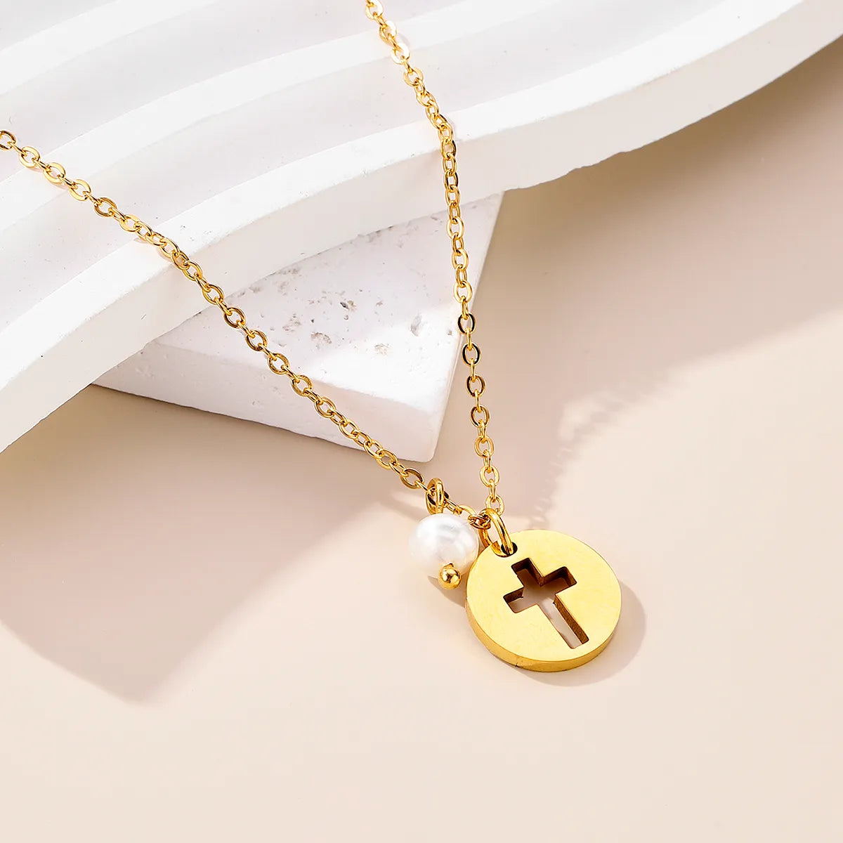 Stainless Steel Baroque Pearls Simple Style Cross Hollow Out Carving Pendant Necklace