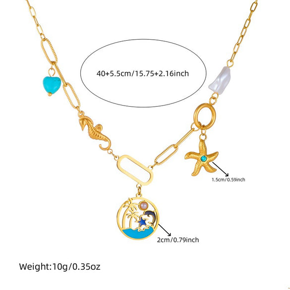 Stainless Steel Beaded Double Layer Overlapping Chain Marine Life Pendant Accessories Necklace Bracelet With Electroplating