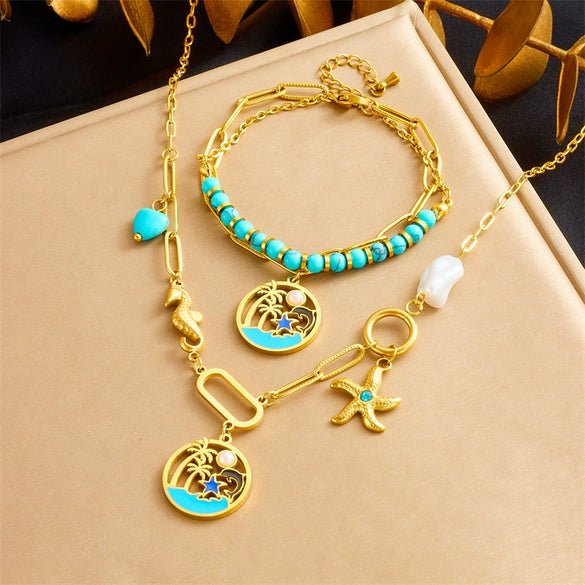 Stainless Steel Beaded Double Layer Overlapping Chain Marine Life Pendant Accessories Necklace Bracelet With Electroplating