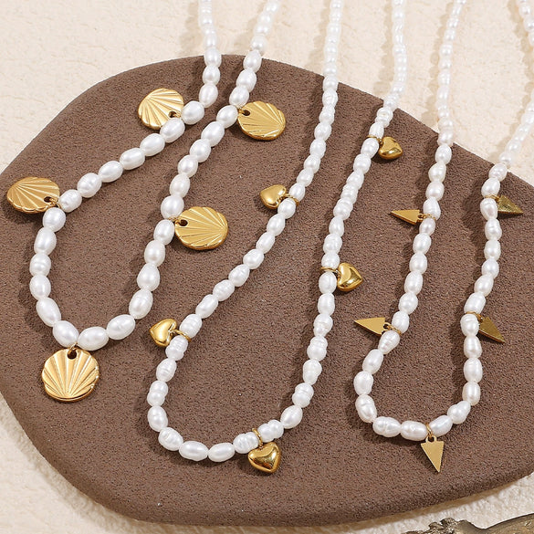 Stainless Steel Beaded Necklace Plated With Gold Pendant Jewelry With White Freshwater Pearl For Women