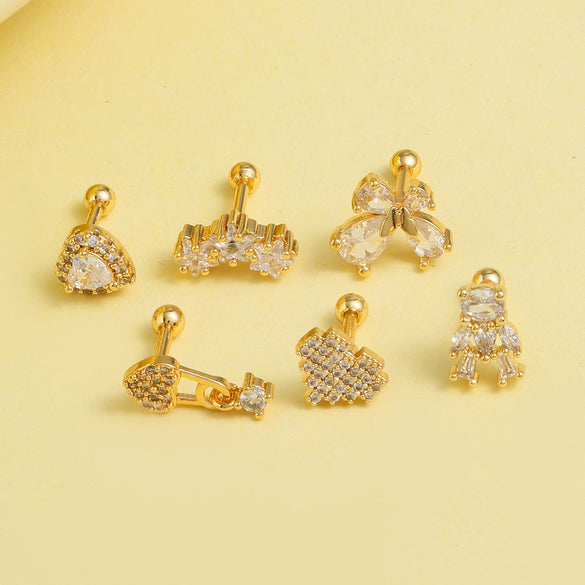 Stainless Steel Bear Butterfly Screw Ball Earrings With Diamonds Electroplated For Women Simple Geometric Style