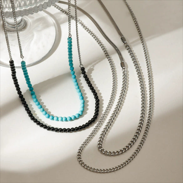 Stainless Steel Black Onyx Turquoise Clavicle Necklace With Electroplating