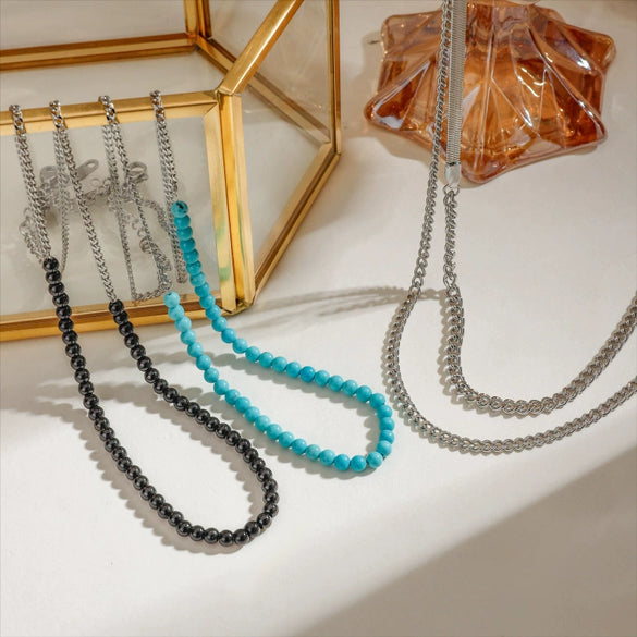 Stainless Steel Black Onyx Turquoise Clavicle Necklace With Electroplating