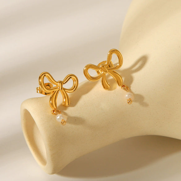 Stainless Steel Bow And Geometric Freshwater Pearl Earrings For Women With Electroplating Style