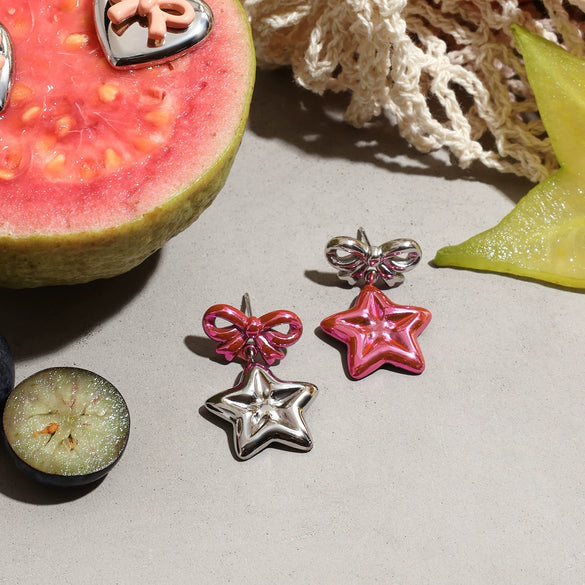 Stainless Steel Bow And Stars Earrings Jewelry With Pink Paint And Electroplating Design For Women