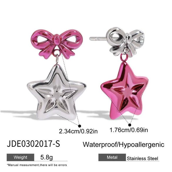 Stainless Steel Bow And Stars Earrings Jewelry With Pink Paint And Electroplating Design For Women