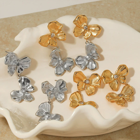 Stainless Steel Bow Butterfly Zircon Earrings Retro Creative Design Electroplating