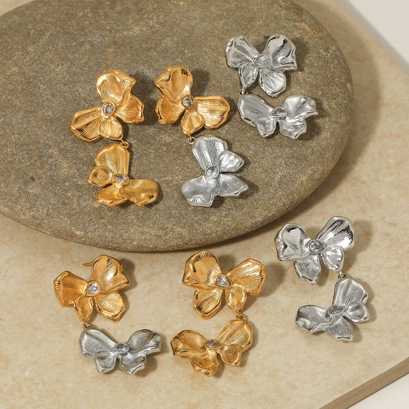 Stainless Steel Bow Butterfly Zircon Earrings Retro Creative Design Electroplating