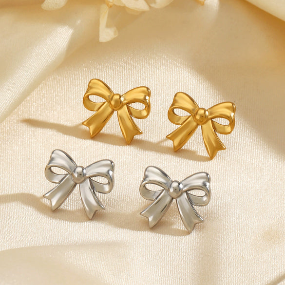 Stainless Steel Bow Earrings 18K Gold Plated For Women