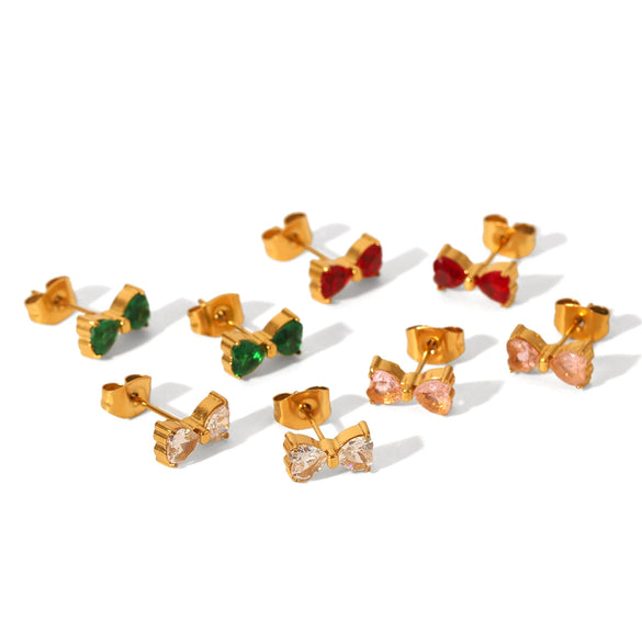 Stainless Steel Bow Geometric Zircon Inlaid Women's Ins Style 18K Goldplated Earrings