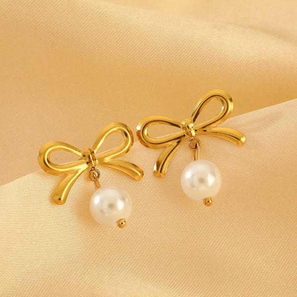 Stainless Steel Bow Jewelry Set With Electroplating Earrings Necklaces Ring For Women