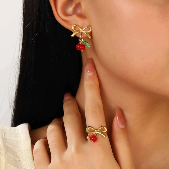 Stainless Steel Bow Jewelry Set With Electroplating Earrings Necklaces Ring For Women