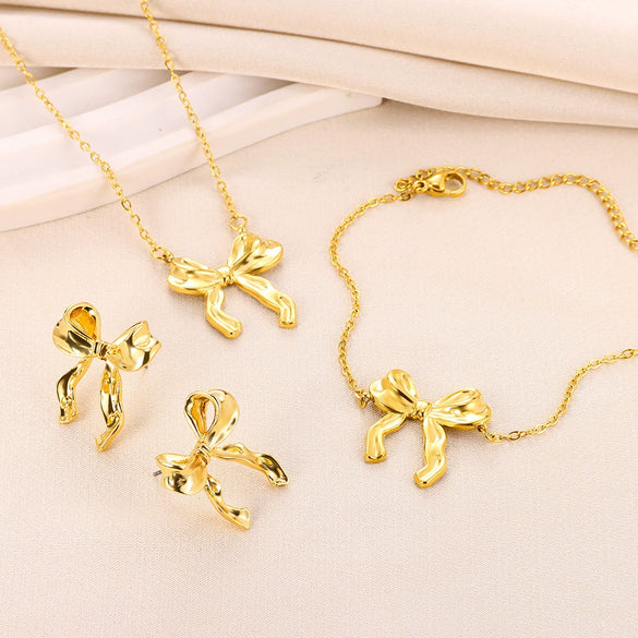 Stainless Steel Bow Jewelry Set With Pendant Bracelet Earrings Necklace For Women Electroplated
