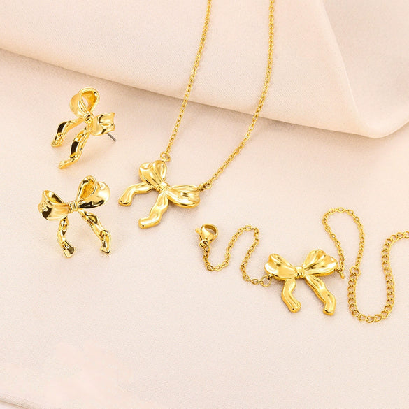 Stainless Steel Bow Jewelry Set With Pendant Bracelet Earrings Necklace For Women Electroplated