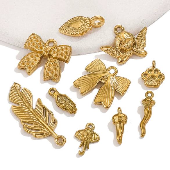 Stainless Steel Bow Leaves Pendant Accessories For Necklace And Bracelet Making Electroplated Waterproof