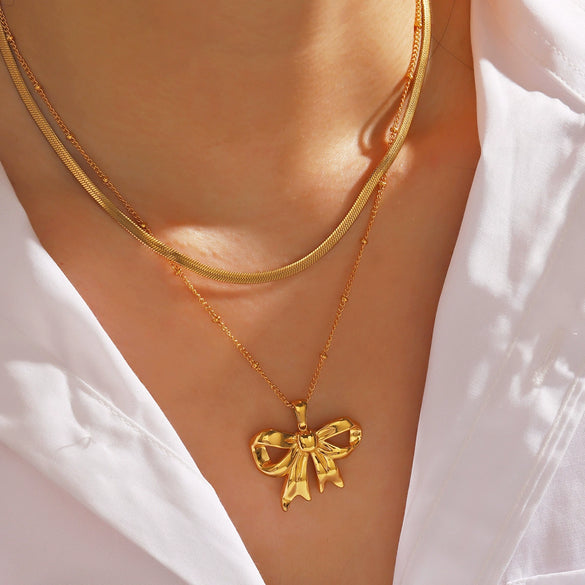Stainless Steel Bow Necklace Handmade Polished Electroplated Women's Style