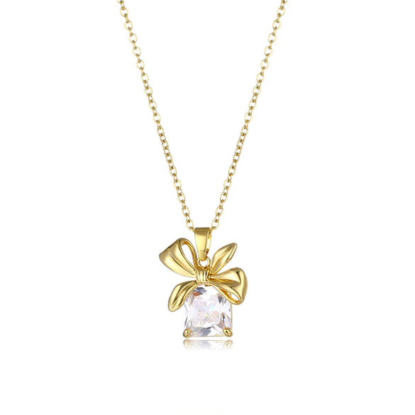Stainless Steel Bow Necklace With Mixed Gem Inlay And Electroplating For Women