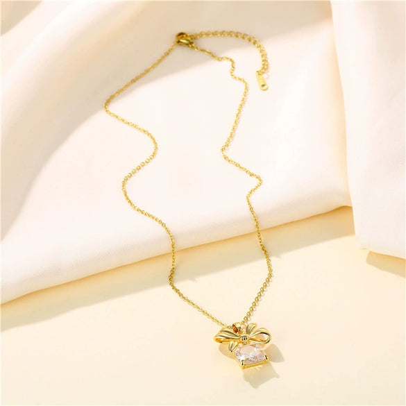 Stainless Steel Bow Necklace With Mixed Gem Inlay And Electroplating For Women