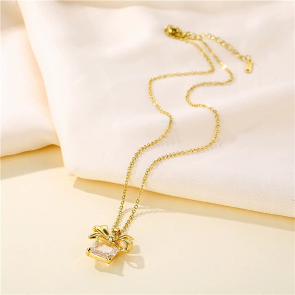 Stainless Steel Bow Necklace With Mixed Gem Inlay And Electroplating For Women
