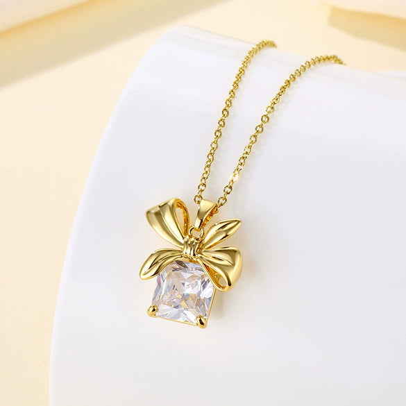 Stainless Steel Bow Necklace With Mixed Gem Inlay And Electroplating For Women