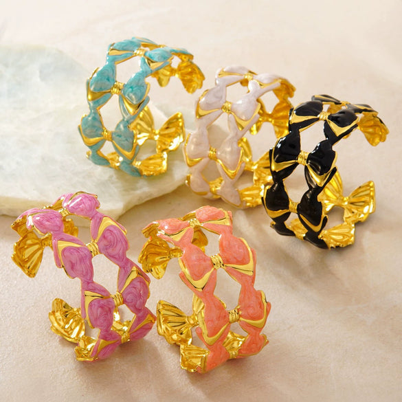 Stainless Steel Bowknot Open Bracelet With Dripping Oil Finish Geometric Light Luxury Bangle Accessory