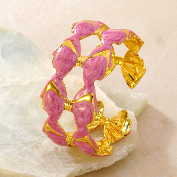 Stainless Steel Bowknot Open Bracelet With Dripping Oil Finish Geometric Light Luxury Bangle Accessory