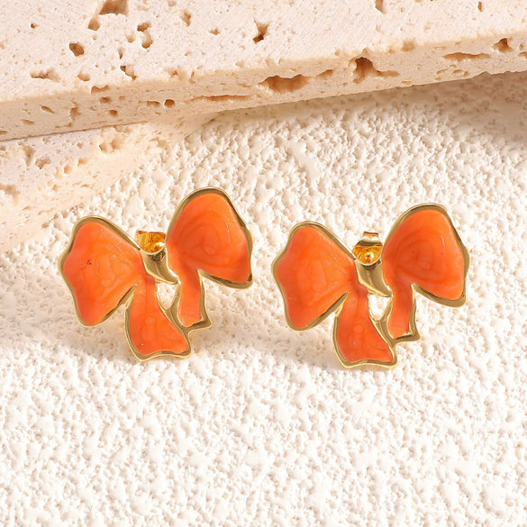 Stainless Steel Bowshaped Earrings For Women With Enamel Drip Glaze Geometric Fashion Ear Accessories