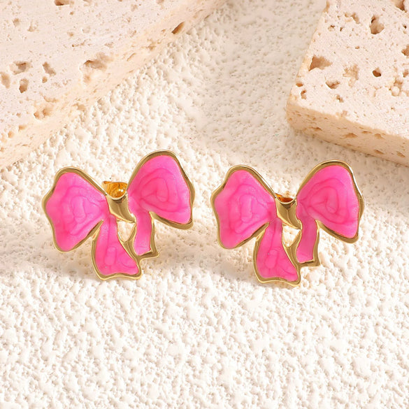 Stainless Steel Bowshaped Earrings For Women With Enamel Drip Glaze Geometric Fashion Ear Accessories