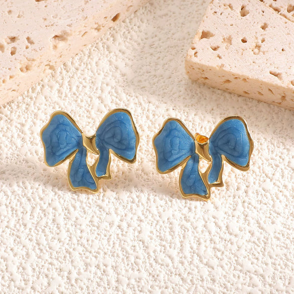 Stainless Steel Bowshaped Earrings For Women With Enamel Drip Glaze Geometric Fashion Ear Accessories