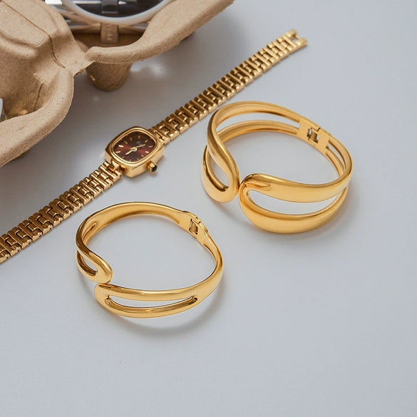 Stainless Steel Bracelet Minimalist Style Geometric Design Electroplating Doublelayer Spring Opening Smooth Lines