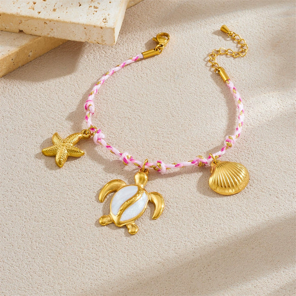 Stainless Steel Braided Women's Animal Pendant Bracelet With Marine Life Shapes And Electroplating