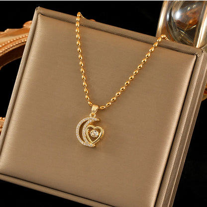 Stainless Steel Brass 18K Gold Plated Simple Style Moon Heart Shape Inlay Zircon Pendant Necklace