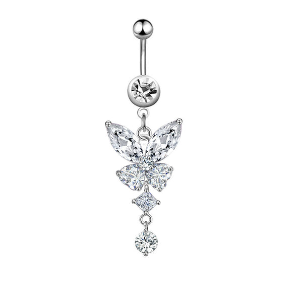 Stainless Steel Butterfly Navel Ring With Diamond Design And Alloy Inlaid Artificial Gemstones For Women Body Piercing Jewelry