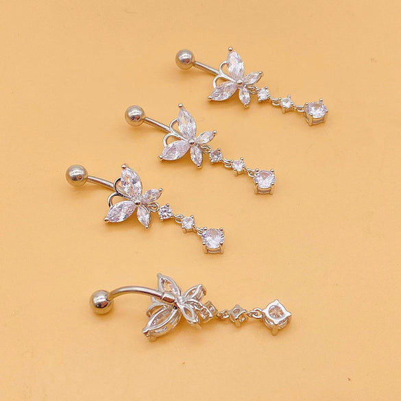 Stainless Steel Butterfly Navel Ring With Diamond Design And Alloy Inlaid Artificial Gemstones For Women Body Piercing Jewelry