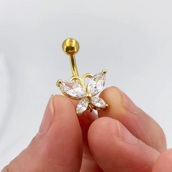 Stainless Steel Butterfly Navel Ring With Diamond Design And Alloy Inlaid Artificial Gemstones For Women Body Piercing Jewelry