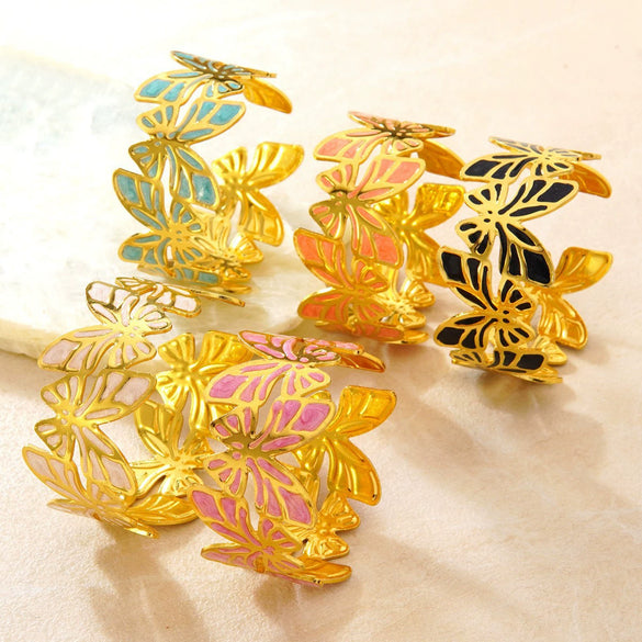 Stainless Steel Butterfly Open Bracelet With Dripping Oil Finish Fashion Temperament Titanium Steel Cuff Bangle