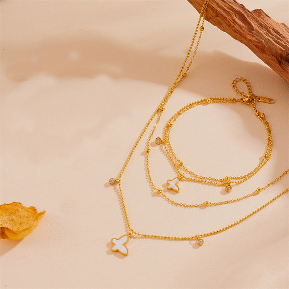 Stainless Steel Butterfly With Acrylic Diamond Bead Double Layer Women's Fashion Necklace And Anklet