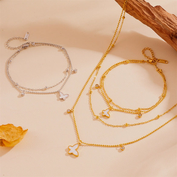 Stainless Steel Butterfly With Acrylic Diamond Bead Double Layer Women's Fashion Necklace And Anklet