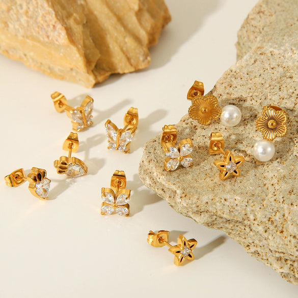 Stainless Steel Butterfly Zircon Star Fivepetal Flower Pearl Earrings With Electroplating For Women