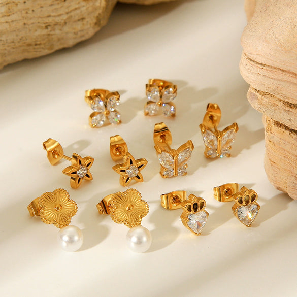 Stainless Steel Butterfly Zircon Star Fivepetal Flower Pearl Earrings With Electroplating For Women