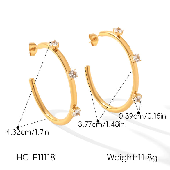 Stainless Steel C Shape Hoop Earrings With Zircon Inlay Geometric Ins Style Electroplated Fashion Earrings For Women