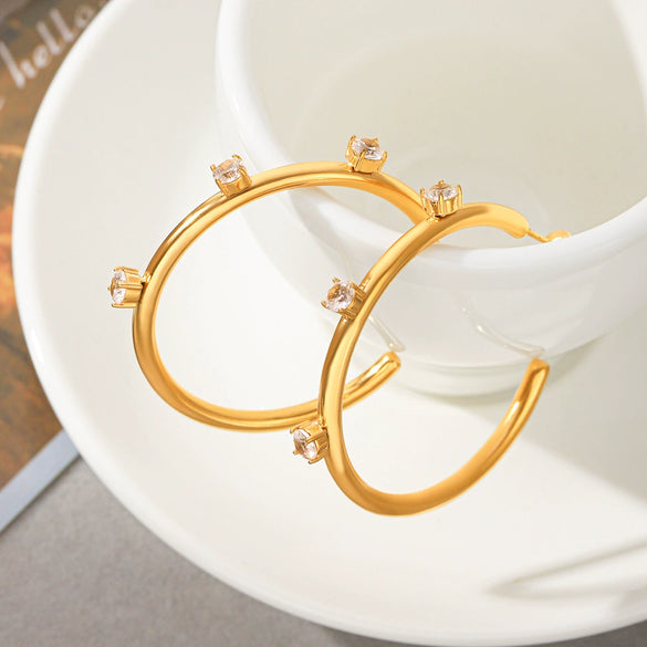 Stainless Steel C Shape Hoop Earrings With Zircon Inlay Geometric Ins Style Electroplated Fashion Earrings For Women