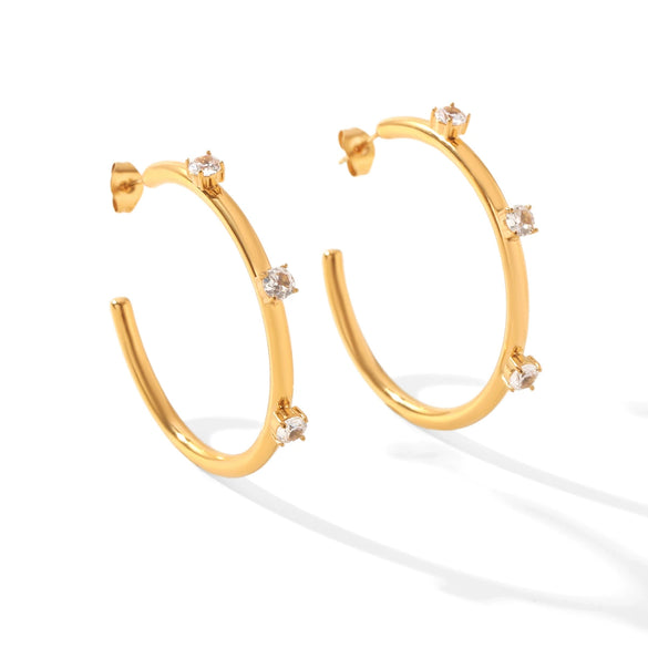 Stainless Steel C Shape Hoop Earrings With Zircon Inlay Geometric Ins Style Electroplated Fashion Earrings For Women