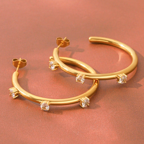 Stainless Steel C Shape Hoop Earrings With Zircon Inlay Geometric Ins Style Electroplated Fashion Earrings For Women