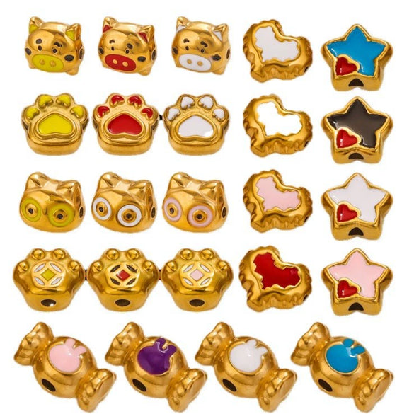 Stainless Steel Cartoon Beads With Oil Dropping Large Hole Eight Eyes Pattern 18K Gold Vacuum Plated Diy Bracelet Jewelry Accessories