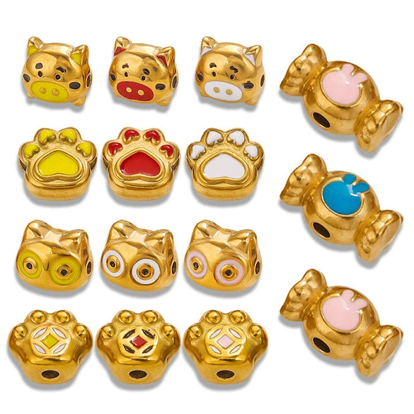 Stainless Steel Cartoon Beads With Oil Dropping Large Hole Eight Eyes Pattern 18K Gold Vacuum Plated Diy Bracelet Jewelry Accessories