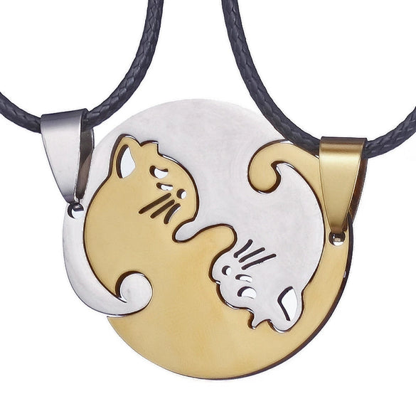 Stainless Steel Cartoon Cat Couple Puzzle Pendant Necklace With Electroplated Finish Unisex Animal Jewelry Gift