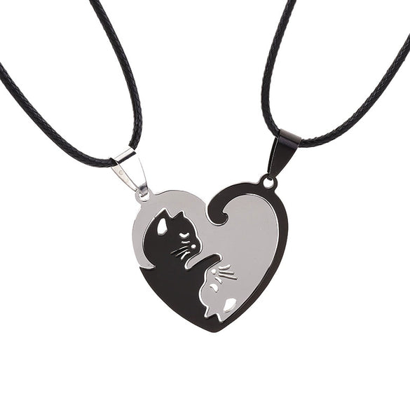 Stainless Steel Cartoon Cat Couple Puzzle Pendant Necklace With Electroplated Finish Unisex Animal Jewelry Gift